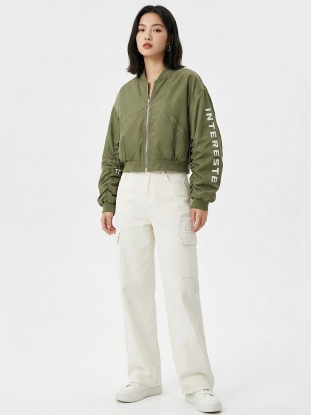 Sanfu Olive Green Cropped Bomber Jacket – Ruched Toggle Sleeves – Size S - Picture 12 of 12